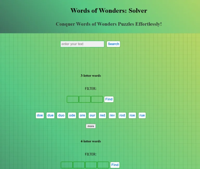 Words of Wonders Solver displaying a list of word results grouped by length after entering puzzle letters