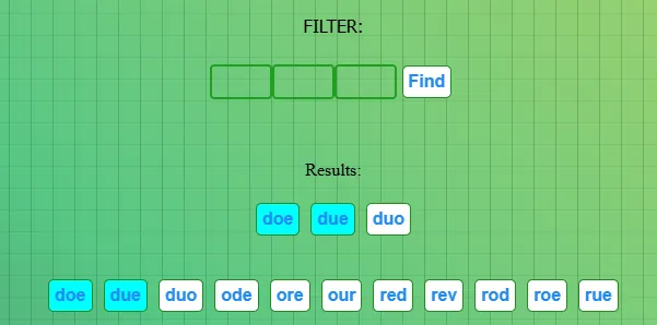 Solver filter tool with position-based letter boxes used to refine word search results