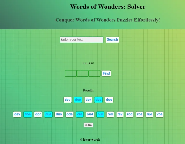Complete view of the Words of Wonders Solver interface with search form, filters, and results