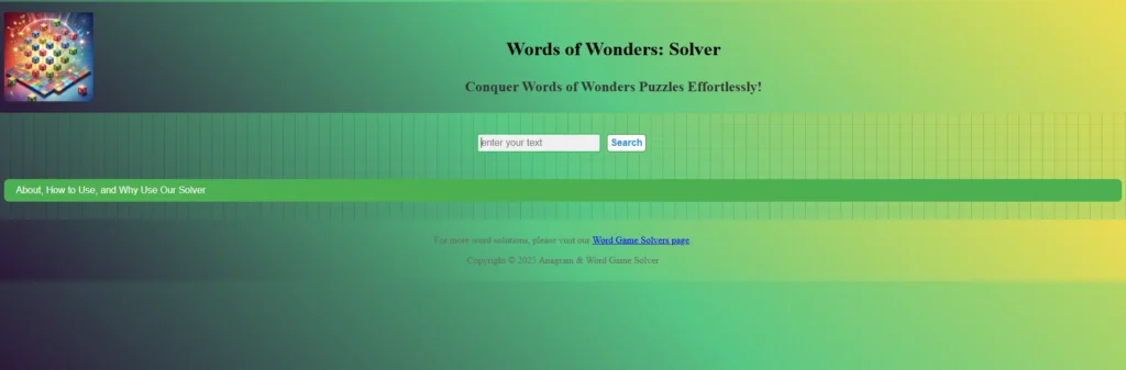 Screenshot of Words of Wonders Solver homepage showing the search box and results area