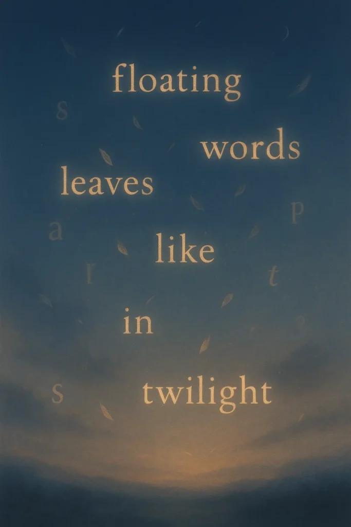 A serene poetic scene made from floating letters and luminous words drifting like leaves in twilight. Soft light, subtle gradients, philosophical atmosphere, gentle surrealism, high detail.