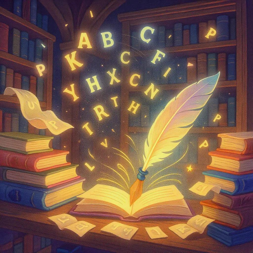 A whimsical, joyful illustration of a magical library where letters fly out of books and recombine themselves into funny new words. Bright colors, light humour, playful energy. A smiling quill pen juggling letters, floating parchment scrolls, glowing word fragments swirling like fireflies. Fantasy-storybook style, clean, charming, literary atmosphere.