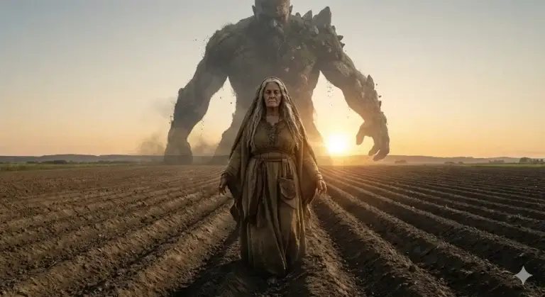 A giant stone colossus rising behind a small, dignified elderly woman in a field.