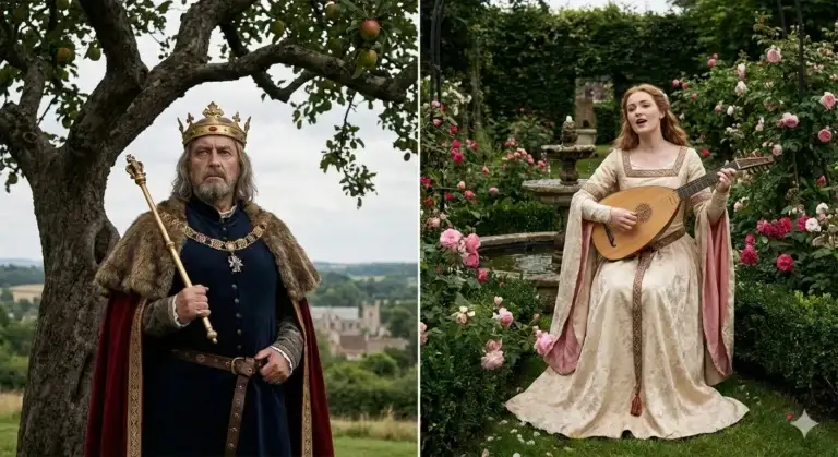 Comparison of a medieval king under an apple tree and a lady singing with a lute in a garden.