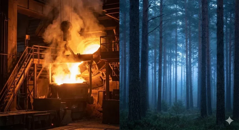 A glowing industrial furnace for smelting metal next to a misty blue pine forest.