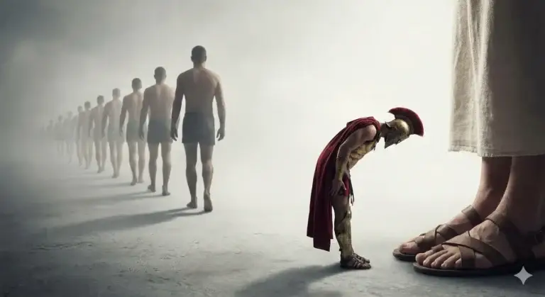 A row of people walking into the distance (the past) and a hero bowing low at a pair of feet.