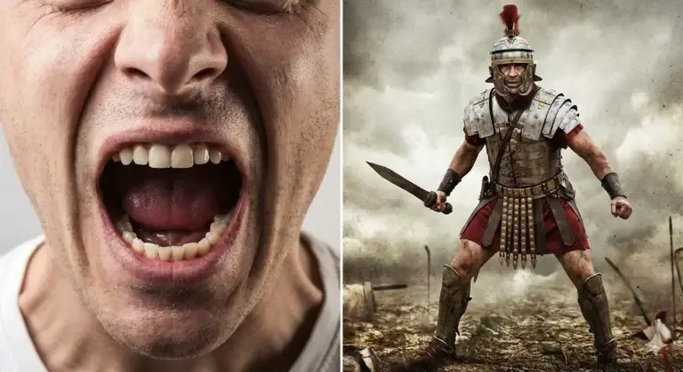 Split image showing a shouting man (bitter tongue) next to a Roman soldier in armor (bold Rutulian).